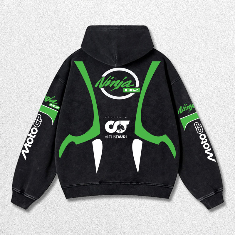 Retro Thunder Alphatauri Kawasaki Ninja H2 Racing Washed Hoodie MotoGP World Champion Enthusiast Apparel Streetwear Racing Team Super Motorsports Clothing Riders Motocross Off-Road Dirt Bike Fan Gear Cotton For Moto Fan