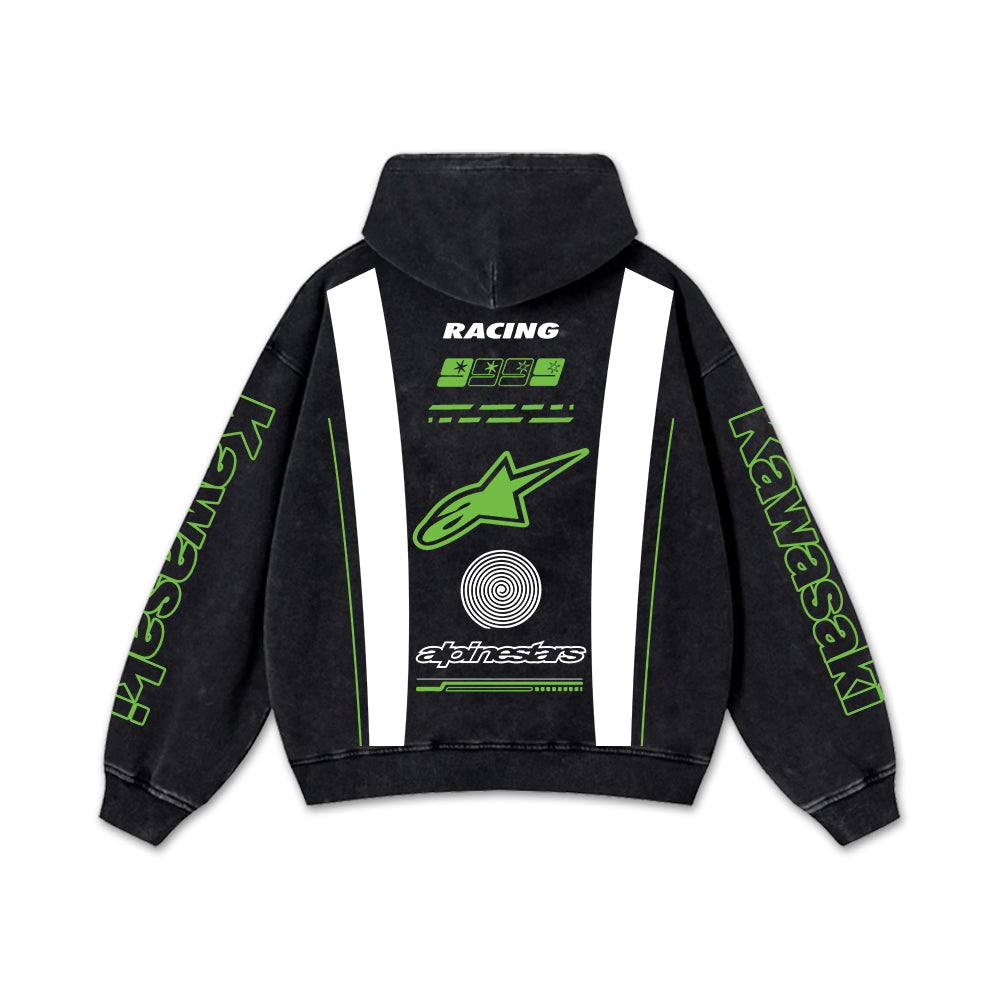 Retro Green Alpinestars Kawasaki Racing Washed Hoodie MotoGP World Champion Enthusiast Apparel Streetwear Akrapovic Arai Helmet Bell Helmet Racing Team Super Motorsports Clothing Riders Motocross Off-Road Dirt Bike Fan Gear Cotton For Moto Fan