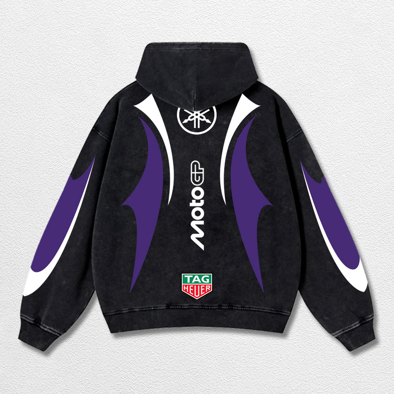Retro Thunder Tagheuer Yamaha Racing Washed Hoodie MotoGP World Champion Enthusiast Apparel Streetwear Racing Team Super Motorsports Clothing Riders Motocross Off-Road Dirt Bike Fan Gear Cotton For Moto Fan