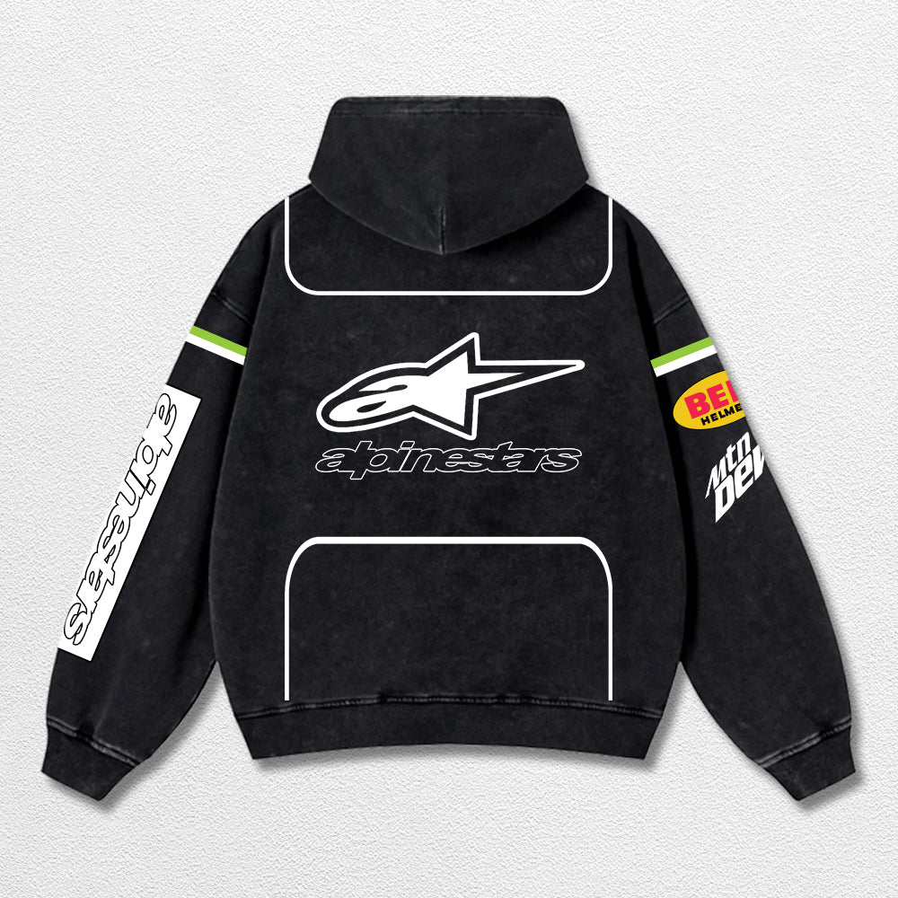 Retro Alpinestars Mountain Dew Racing Washed Hoodie MotoGP World Champion Enthusiast Apparel Streetwear Racing Team Super Motorsports Clothing Riders Motocross Off-Road Dirt Bike Fan Gear Cotton For Moto Fan