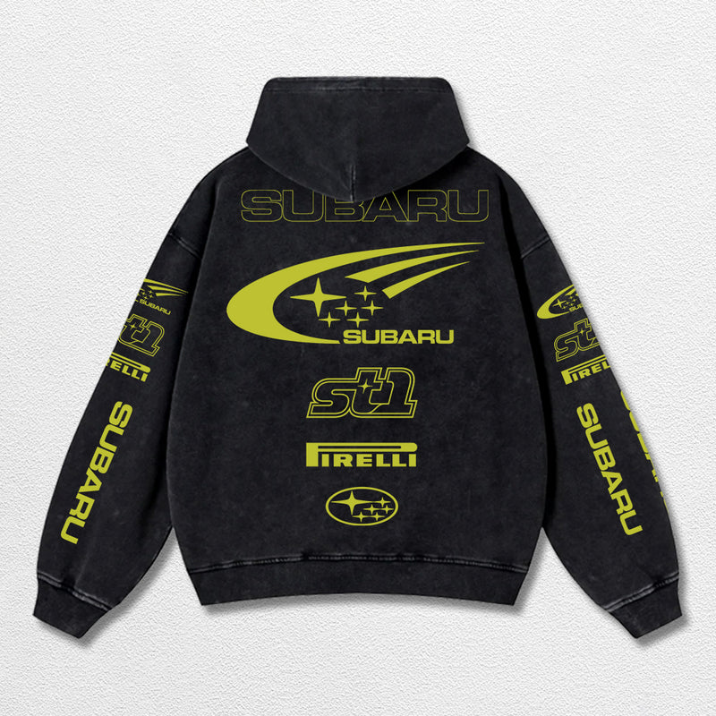 Retro Subaru ST1 Racing Washed Hoodie Fomula 1 World Champion Enthusiast Apparel Streetwear Racing Team Super Motorsports Clothing Riders Motocross Off-Road Dirt Bike Fan Gear Cotton For Moto Fan