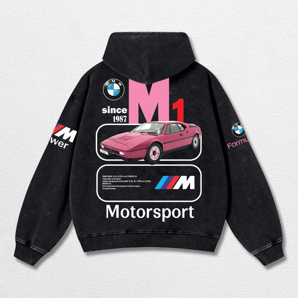 Retro BMW M1 Motosport Racing Washed Hoodie  Fomula 1 World Champion Enthusiast Apparel Streetwear Racing Team Super Motorsports Clothing Riders Motocross Off-Road Dirt Bike Fan Gear Cotton For Moto Fan