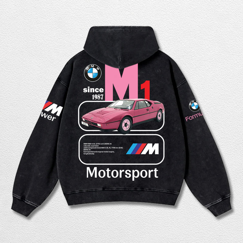 Retro BMW M1 Motosport Racing Washed Hoodie  Fomula 1 World Champion Enthusiast Apparel Streetwear Racing Team Super Motorsports Clothing Riders Motocross Off-Road Dirt Bike Fan Gear Cotton For Moto Fan