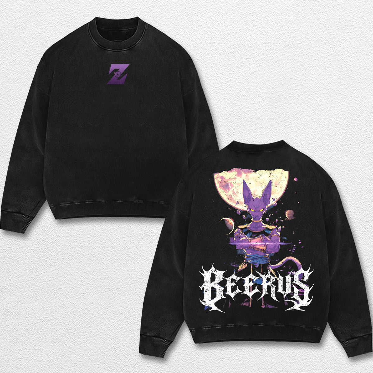 Retro Beerus - Dragon Ball Z Oversize Lightweight Acid Washed Hoodie Sweatshirt Tee, Anime Graphic Design Unisex Top Cotton Streetwear Shirt Clothes