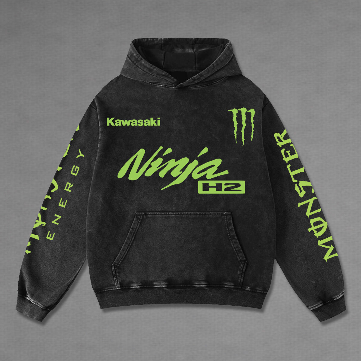 Kawasaki Ninja H2 Biker Hoodie Washed Vintage MotoGP Racing Streetwear, Motorcycle Graphic Hoodie Unisex, Designed for Motor Fans, Sportbike Culture, Speed Lovers & Urban Motorbike Style