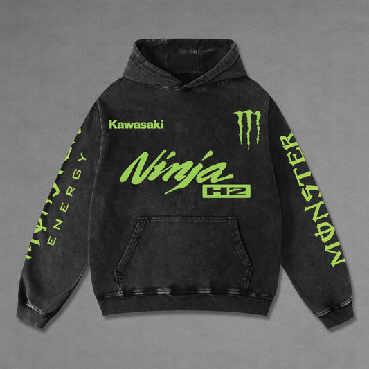 Kawasaki Ninja H2 Biker Hoodie Washed Vintage MotoGP Racing Streetwear, Motorcycle Graphic Hoodie Unisex, Designed for Motor Fans, Sportbike Culture, Speed Lovers & Urban Motorbike Style