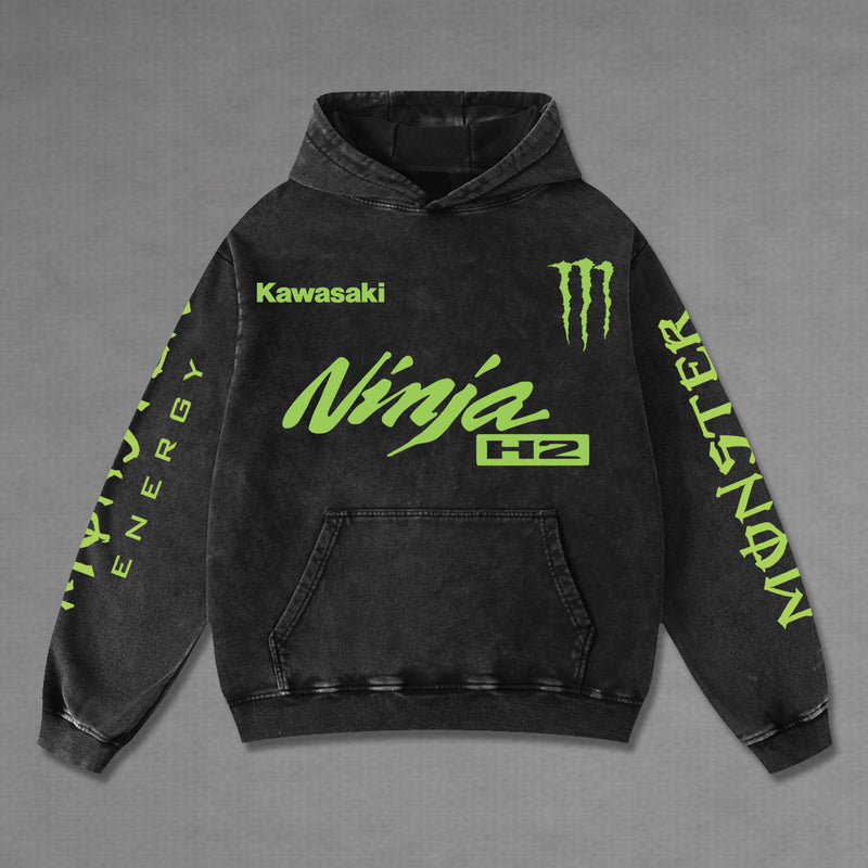 Kawasaki Ninja H2 Biker Hoodie Washed Vintage MotoGP Racing Streetwear, Motorcycle Graphic Hoodie Unisex, Designed for Motor Fans, Sportbike Culture, Speed Lovers & Urban Motorbike Style