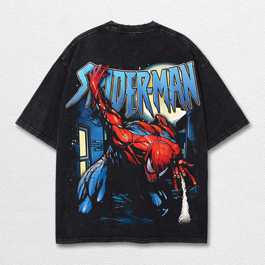 Spider Man Hero Comic Double Printed Oversize Lightweight Acid Washed Tee, Character Marrvel Comics TV Series Graphic Design Unisex Top Cotton Streetwear T-Shirt Clothes Menswear