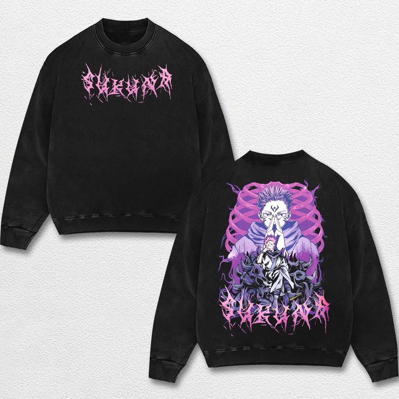 Retro Sukuna Dark Ritua - Jujutsu Kaisen Oversize Lightweight Acid Washed Hoodie Sweatshirt Tee, Anime Graphic Design Unisex Top Cotton Streetwear Shirt Clothes