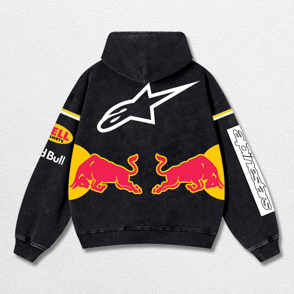 Retro Alpinestars Red Bull Racing Washed Hoodie MotoGP World Champion Enthusiast Apparel Streetwear Racing Team Super Motorsports Clothing Riders Motocross Off-Road Dirt Bike Fan Gear Cotton For Moto Fan