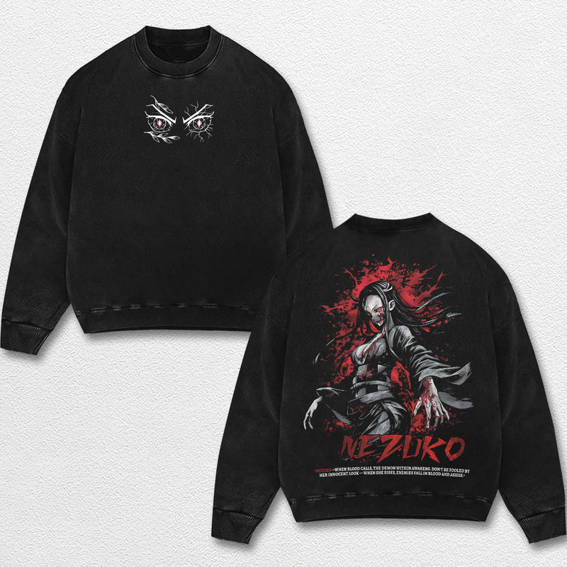 Retro Nezuko Kamado - Demon Slayer Oversize Lightweight Acid Washed Hoodie Sweatshirt Tee, Anime Graphic Design Unisex Top Cotton Streetwear Shirt Clothes