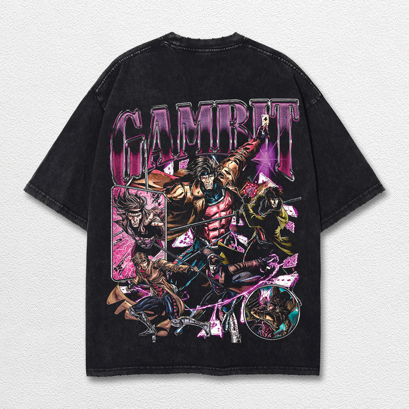 Gambit Xmen Hero Comic Double Printed Oversize Lightweight Acid Washed Tee, Character Marrvel Comics TV Series Graphic Design Unisex Top Cotton Streetwear T-Shirt Clothes Menswear
