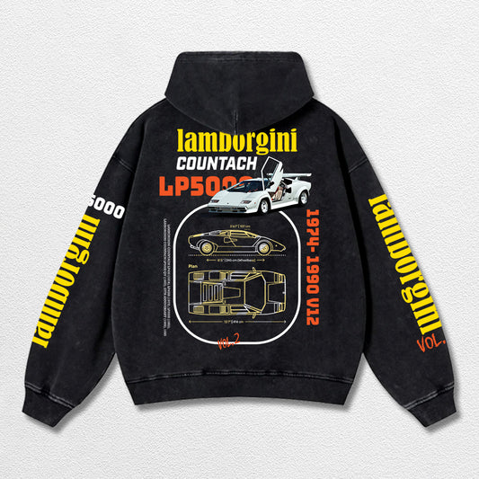 Retro Lamborgini Racing Washed Hoodie Fomula 1 World Champion Enthusiast Apparel Streetwear Racing Team Super Motorsports Clothing Riders Motocross Off-Road Dirt Bike Fan Gear Cotton For Moto Fan