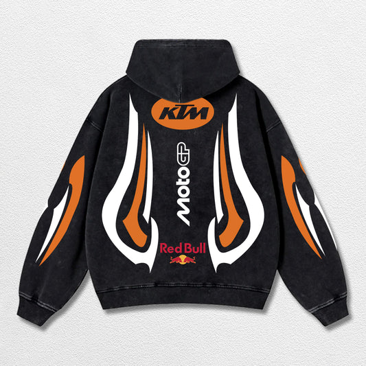 Retro Thunder Red Bull KTM Racing Washed Hoodie MotoGP World Champion Enthusiast Apparel Streetwear Racing Team Super Motorsports Clothing Riders Motocross Off-Road Dirt Bike Fan Gear Cotton For Moto Fan