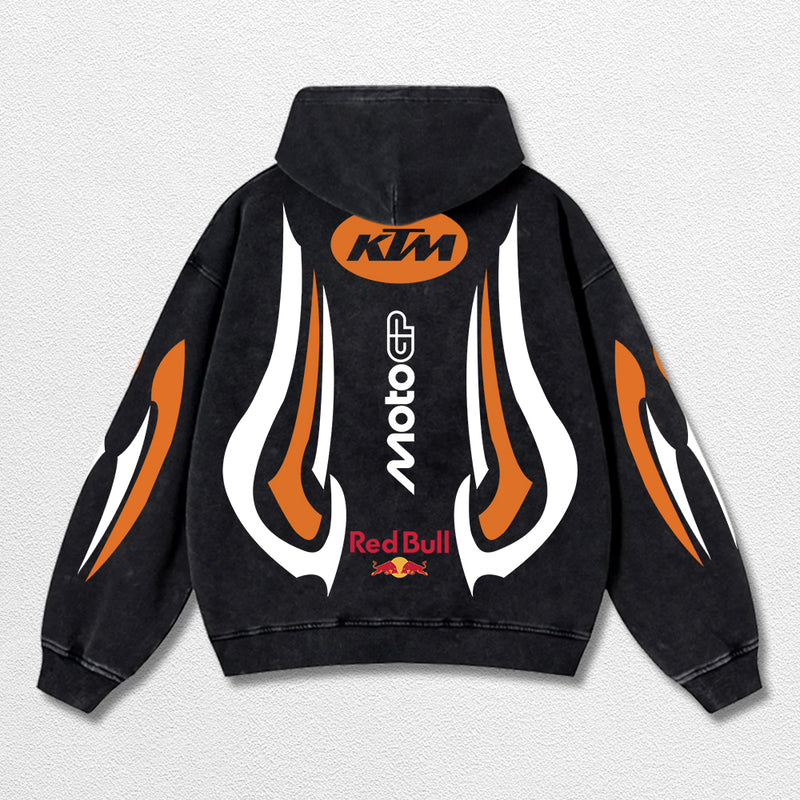 Retro Thunder Red Bull KTM Racing Washed Hoodie MotoGP World Champion Enthusiast Apparel Streetwear Racing Team Super Motorsports Clothing Riders Motocross Off-Road Dirt Bike Fan Gear Cotton For Moto Fan