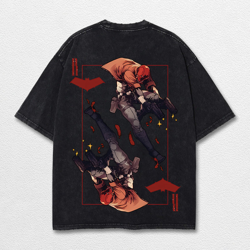 Red Hood Superhero DC Comic Double Printed Oversize Lightweight Acid Washed Tee, Character Comics TV Series Graphic Design Unisex Top Cotton Streetwear T-Shirt Clothes Menswear