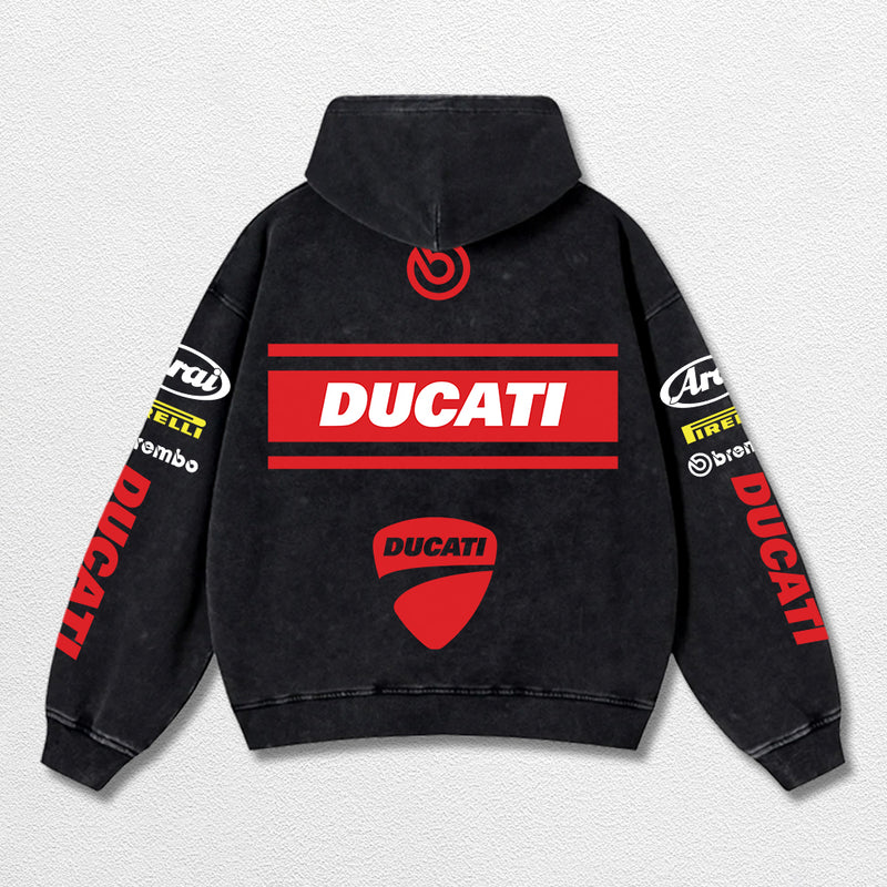 Retro Brembo Ducati Racing Washed Hoodie MotoGP World Champion Enthusiast Apparel Streetwear Racing Team Super Motorsports Clothing Riders Motocross Off-Road Dirt Bike Fan Gear Cotton For Moto Fan