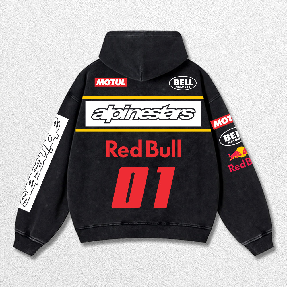 Retro Alpinestars Red Bull 01 Bell Helmets Racing Washed Hoodie MotoGP World Champion Enthusiast Apparel Streetwear Racing Team Super Motorsports Clothing Riders Motocross Off-Road Dirt Bike Fan Gear Cotton For Moto Fan