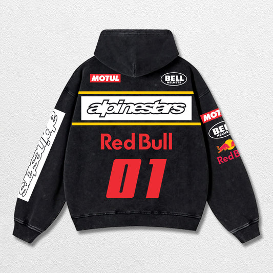Retro Alpinestars Red Bull 01 Bell Helmets Racing Washed Hoodie MotoGP World Champion Enthusiast Apparel Streetwear Racing Team Super Motorsports Clothing Riders Motocross Off-Road Dirt Bike Fan Gear Cotton For Moto Fan