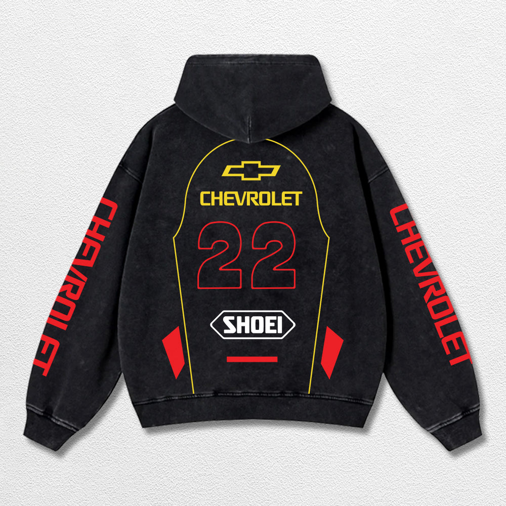 Retro 22 Chevrolet Racing Washed Hoodie MotoGP World Champion Enthusiast Apparel Streetwear Racing Team Super Motorsports Clothing Riders Motocross Off-Road Dirt Bike Fan Gear Cotton For Moto Fan