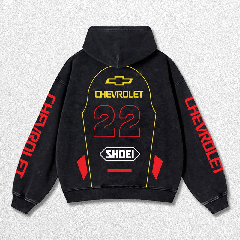 Retro 22 Chevrolet Racing Washed Hoodie MotoGP World Champion Enthusiast Apparel Streetwear Racing Team Super Motorsports Clothing Riders Motocross Off-Road Dirt Bike Fan Gear Cotton For Moto Fan