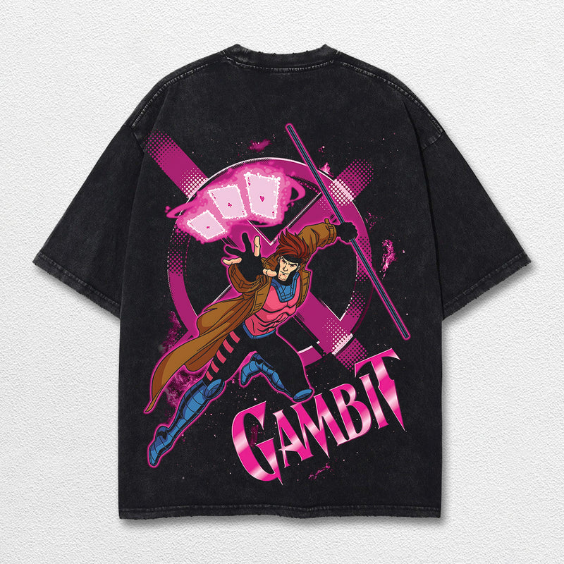 Gambit Xmen Hero Comic Double Printed Oversize Lightweight Acid Washed Tee, Character Marrvel Comics TV Series Graphic Design Unisex Top Cotton Streetwear T-Shirt Clothes Menswear