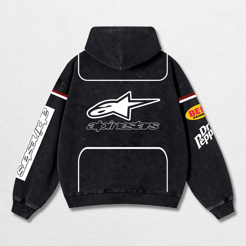 Retro Alpinestars Dr Pepper Racing Washed Hoodie MotoGP World Champion Enthusiast Apparel Streetwear Racing Team Super Motorsports Clothing Riders Motocross Off-Road Dirt Bike Fan Gear Cotton For Moto Fan