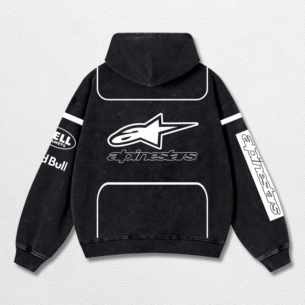 Retro Alpinestars Red Bull White Racing Washed Hoodie MotoGP World Champion Enthusiast Apparel Streetwear Racing Team Super Motorsports Clothing Riders Motocross Off-Road Dirt Bike Fan Gear Cotton For Moto Fan