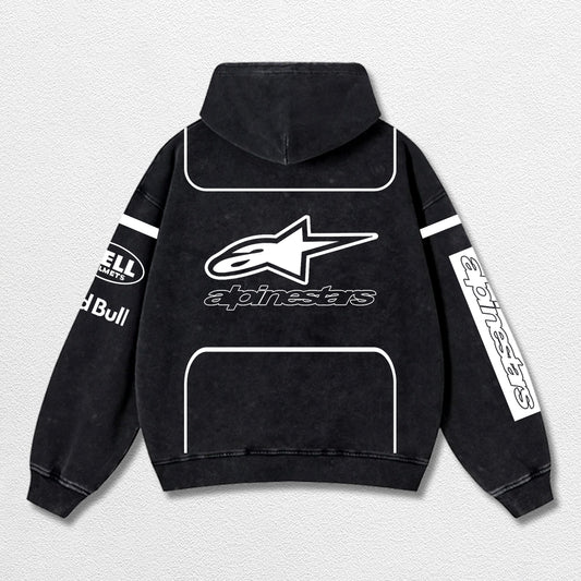 Retro Alpinestars Red Bull White Racing Washed Hoodie MotoGP World Champion Enthusiast Apparel Streetwear Racing Team Super Motorsports Clothing Riders Motocross Off-Road Dirt Bike Fan Gear Cotton For Moto Fan