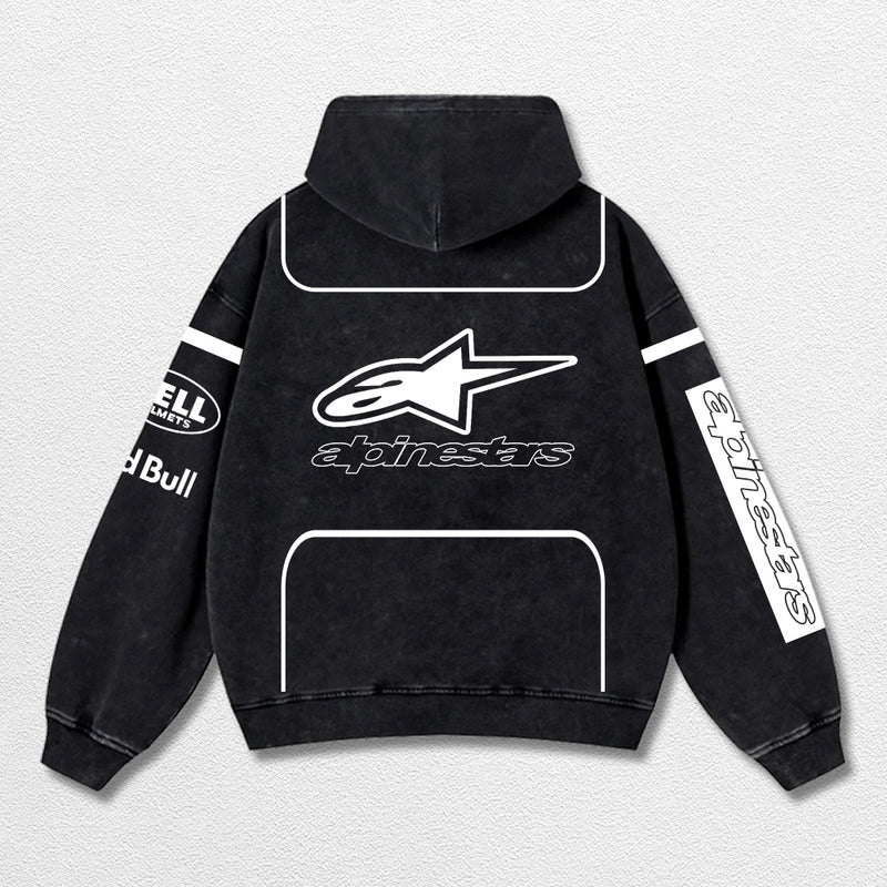 Retro Alpinestars Red Bull White Racing Washed Hoodie MotoGP World Champion Enthusiast Apparel Streetwear Racing Team Super Motorsports Clothing Riders Motocross Off-Road Dirt Bike Fan Gear Cotton For Moto Fan