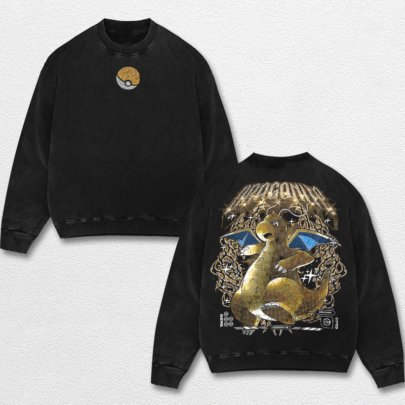 Retro Dragonite - Pokemon Oversize Lightweight Acid Washed Hoodie Sweatshirt Tee, Anime Graphic Design Unisex Top Cotton Streetwear Shirt Clothes