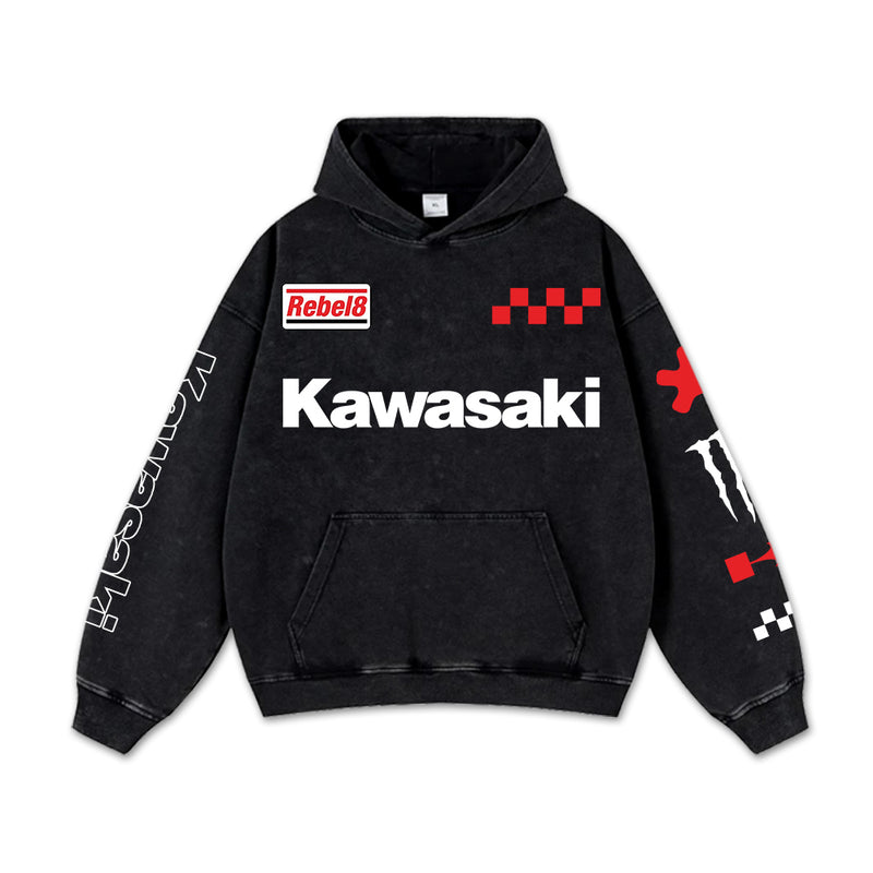 Retro Red Kawasaki Ninja Racing Washed Hoodie MotoGP World Champion Enthusiast Apparel Streetwear Racing Team Super Motorsports Clothing Riders Motocross Off-Road Dirt Bike Fan Gear Cotton For Moto Fan
