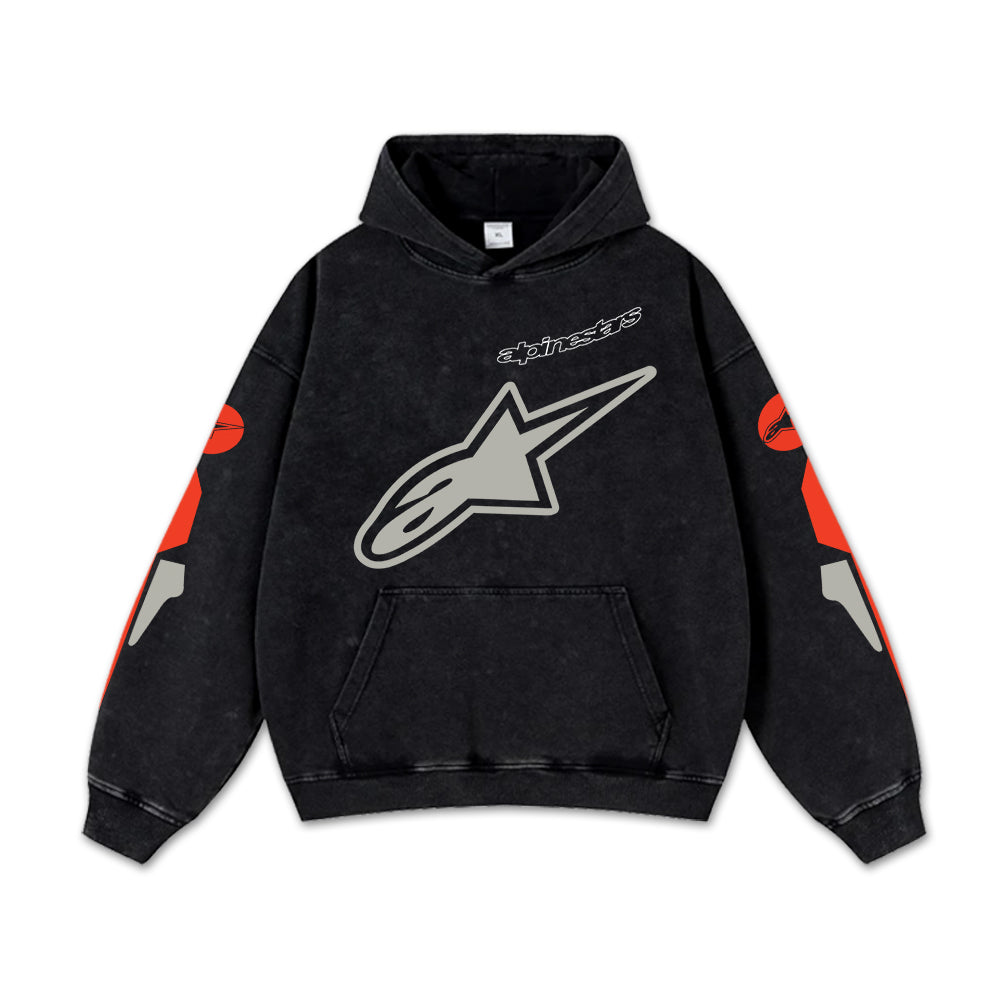 Retro Alpinestars Sport Racing Washed Hoodie MotoGP World Champion Enthusiast Apparel Streetwear Racing Team Super Motorsports Clothing Riders Motocross Off-Road Dirt Bike Fan Gear Cotton For Moto Fan