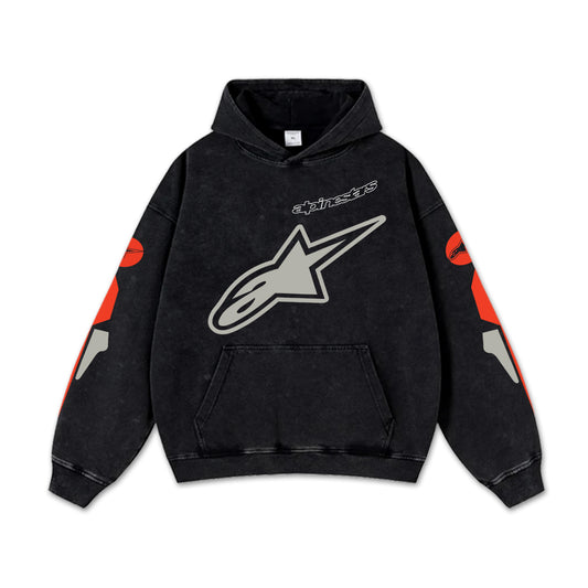 Retro Alpinestars Sport Racing Washed Hoodie MotoGP World Champion Enthusiast Apparel Streetwear Racing Team Super Motorsports Clothing Riders Motocross Off-Road Dirt Bike Fan Gear Cotton For Moto Fan