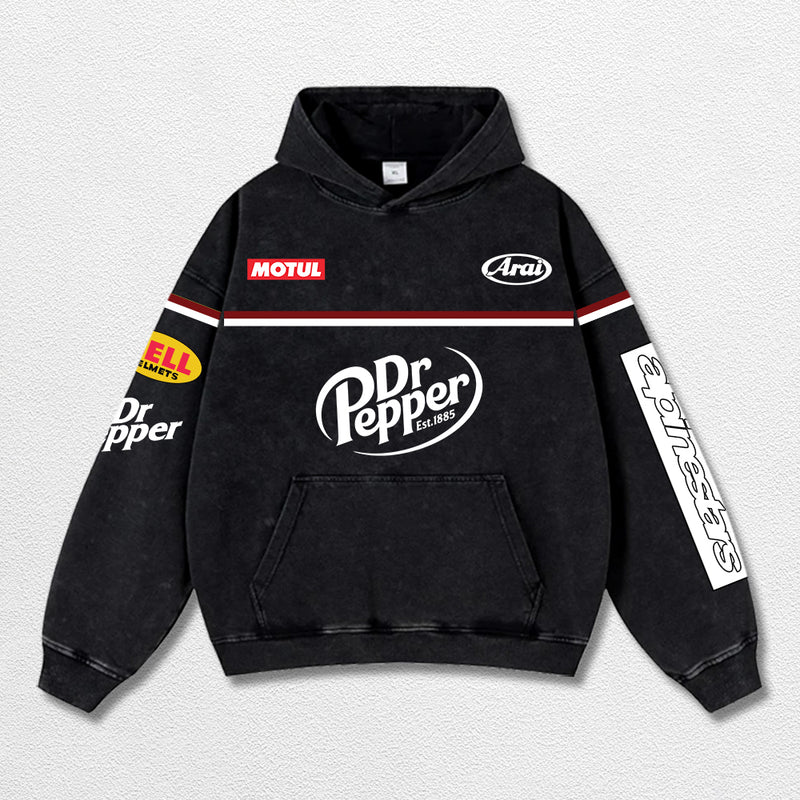 Retro Alpinestars Dr Pepper Racing Washed Hoodie MotoGP World Champion Enthusiast Apparel Streetwear Racing Team Super Motorsports Clothing Riders Motocross Off-Road Dirt Bike Fan Gear Cotton For Moto Fan