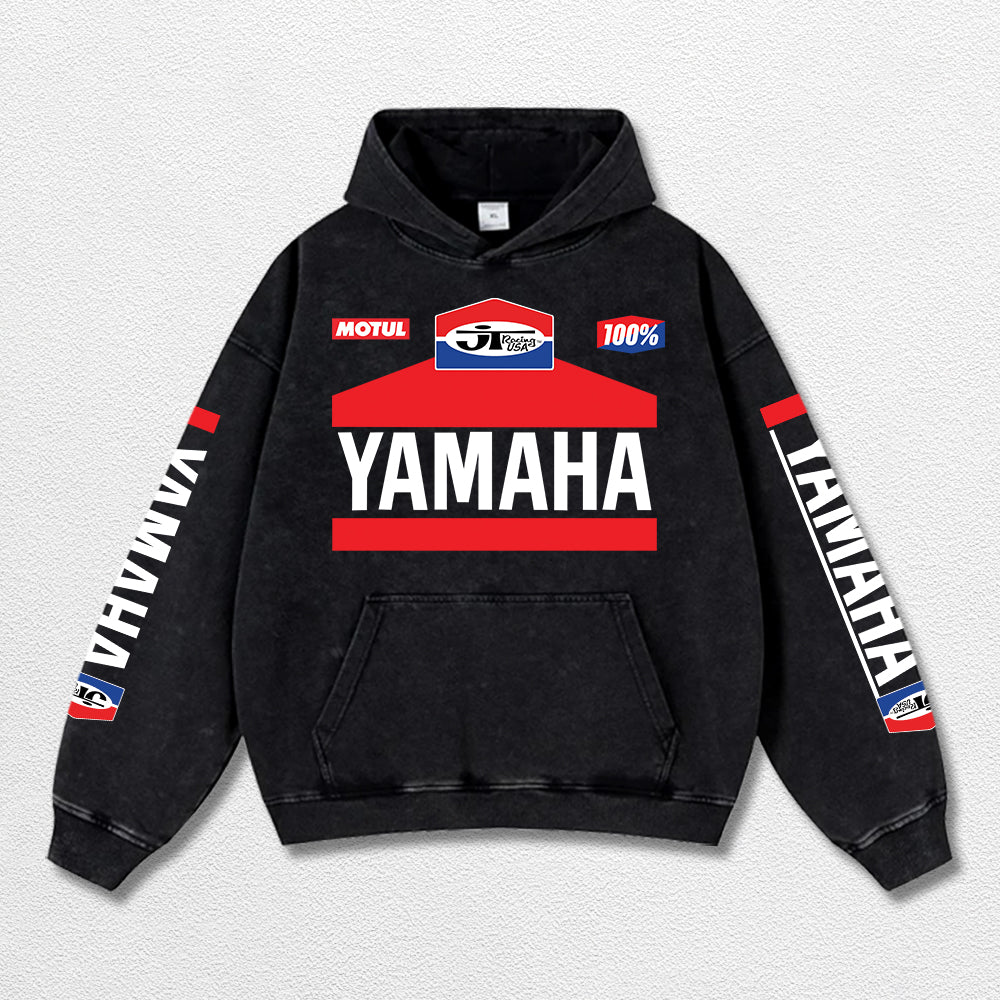 Retro JT Yamaha Racing Washed Hoodie MotoGP World Champion Enthusiast Apparel Streetwear Racing Team Super Motorsports Clothing Riders Motocross Off-Road Dirt Bike Fan Gear Cotton For Moto Fan
