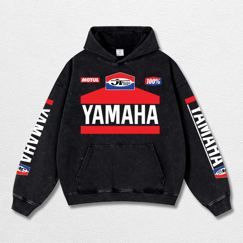 Retro JT Yamaha Racing Washed Hoodie MotoGP World Champion Enthusiast Apparel Streetwear Racing Team Super Motorsports Clothing Riders Motocross Off-Road Dirt Bike Fan Gear Cotton For Moto Fan