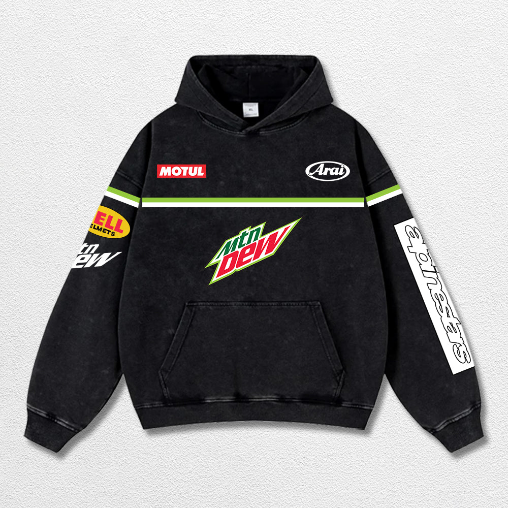 Retro Alpinestars Mountain Dew Racing Washed Hoodie MotoGP World Champion Enthusiast Apparel Streetwear Racing Team Super Motorsports Clothing Riders Motocross Off-Road Dirt Bike Fan Gear Cotton For Moto Fan