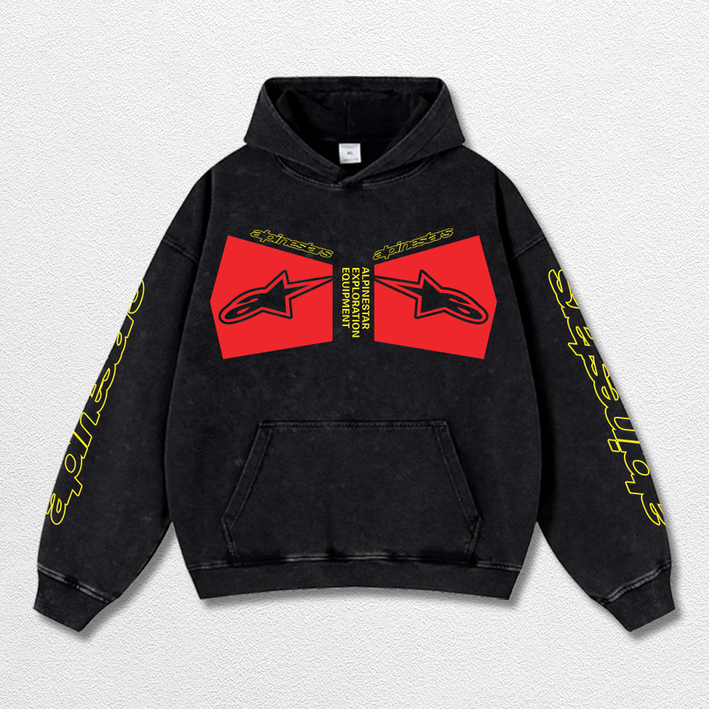 Retro Alpinestars Racing Washed Hoodie MotoGP World Champion Enthusiast Apparel Streetwear Racing Team Super Motorsports Clothing Riders Motocross Off-Road Dirt Bike Fan Gear Cotton For Moto Fan
