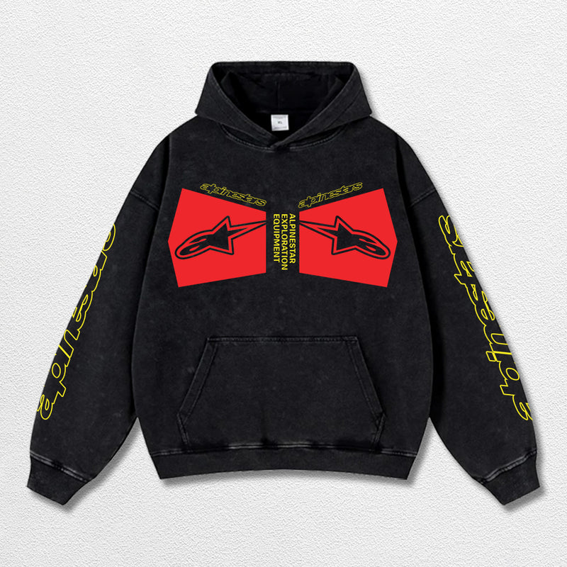 Retro Alpinestars Racing Washed Hoodie MotoGP World Champion Enthusiast Apparel Streetwear Racing Team Super Motorsports Clothing Riders Motocross Off-Road Dirt Bike Fan Gear Cotton For Moto Fan