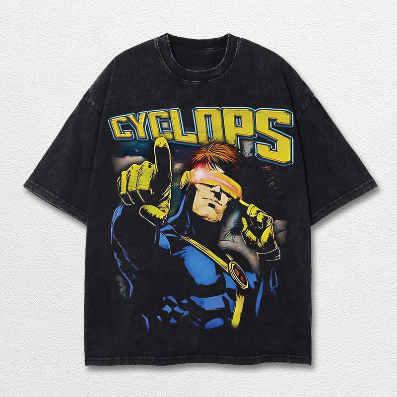 Cyclop Xmen Hero Comic Double Printed Oversize Lightweight Acid Washed Tee, Character Marrvel Comics TV Series Graphic Design Unisex Top Cotton Streetwear T-Shirt Clothes Menswear