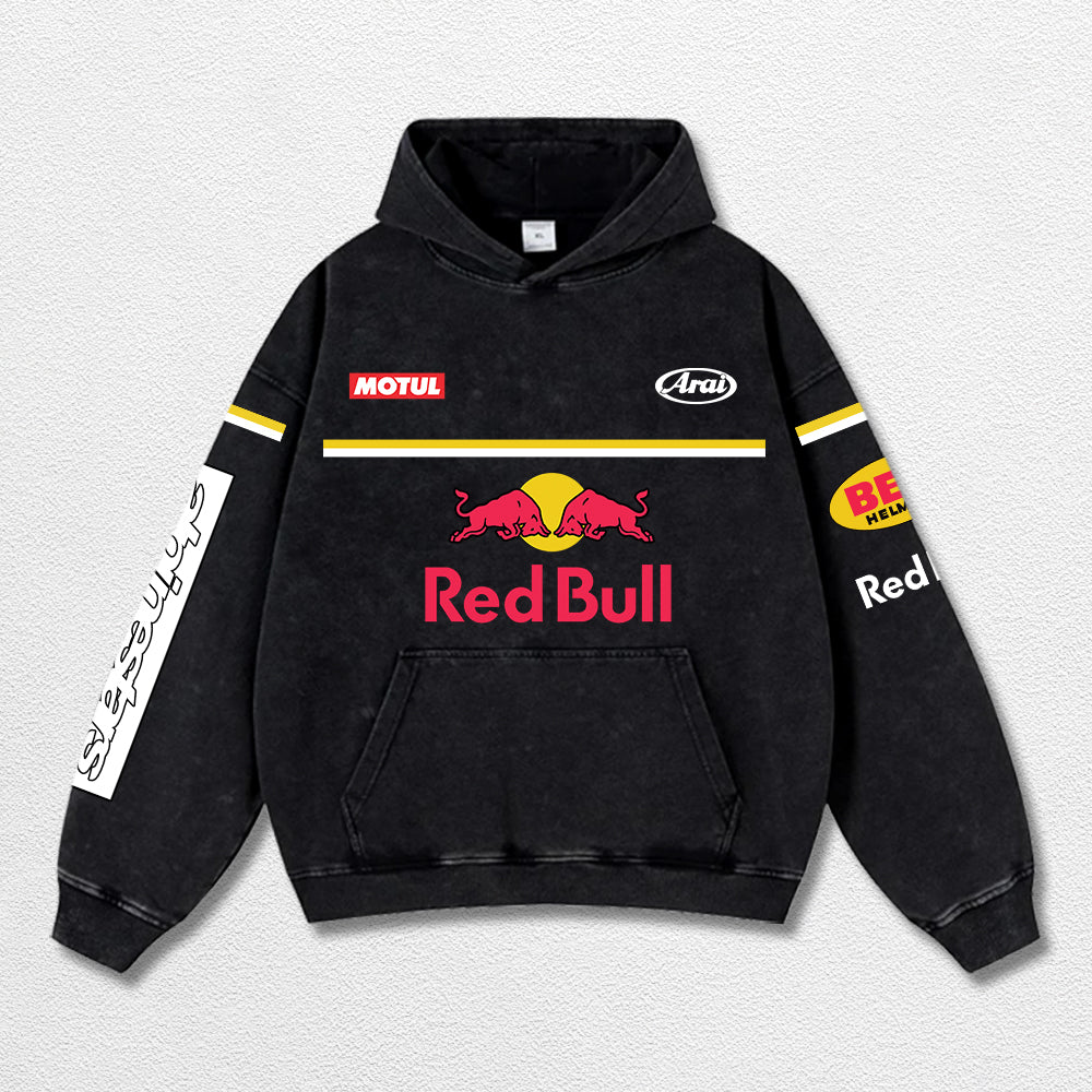 Retro Alpinestars Red Bull Racing Washed Hoodie MotoGP World Champion Enthusiast Apparel Streetwear Racing Team Super Motorsports Clothing Riders Motocross Off-Road Dirt Bike Fan Gear Cotton For Moto Fan