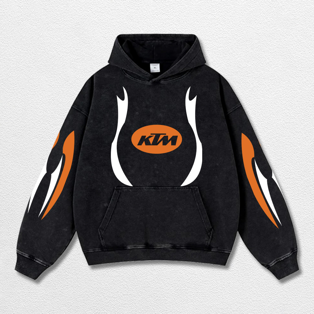 Retro Thunder Red Bull KTM Racing Washed Hoodie MotoGP World Champion Enthusiast Apparel Streetwear Racing Team Super Motorsports Clothing Riders Motocross Off-Road Dirt Bike Fan Gear Cotton For Moto Fan