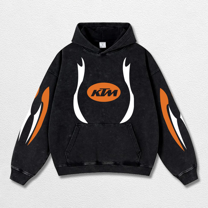Retro Thunder Red Bull KTM Racing Washed Hoodie MotoGP World Champion Enthusiast Apparel Streetwear Racing Team Super Motorsports Clothing Riders Motocross Off-Road Dirt Bike Fan Gear Cotton For Moto Fan