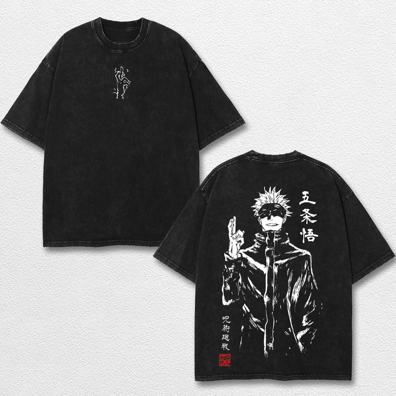 Retro Sumi E Gojo Satoru - Jujutsu Kaisen Oversize Lightweight Acid Washed Hoodie Sweatshirt Tee, Anime Graphic Design Unisex Top Cotton Streetwear Shirt Clothes