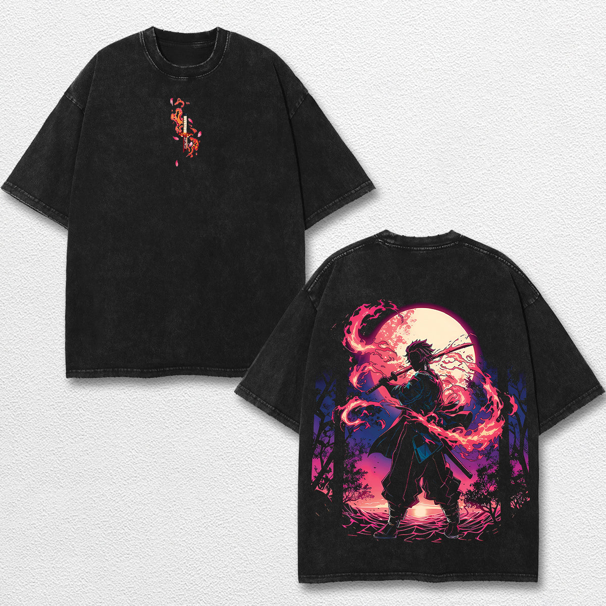 Retro Kamado Tanjiro - Demon Slayer Oversize Lightweight Acid Washed Hoodie Sweatshirt Tee, Anime Graphic Design Unisex Top Cotton Streetwear Shirt Clothes