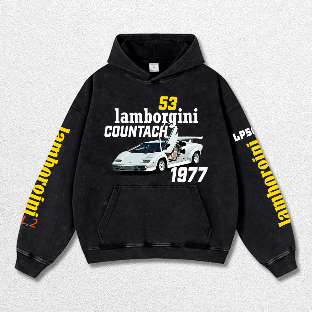 Retro Lamborgini Racing Washed Hoodie Fomula 1 World Champion Enthusiast Apparel Streetwear Racing Team Super Motorsports Clothing Riders Motocross Off-Road Dirt Bike Fan Gear Cotton For Moto Fan