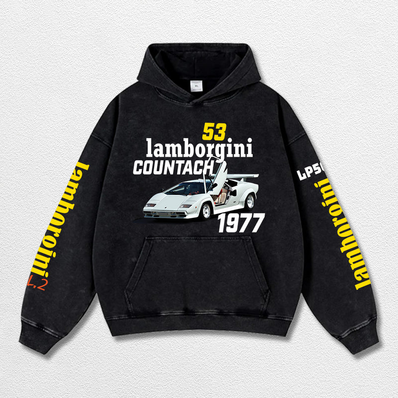 Retro Lamborgini Racing Washed Hoodie Fomula 1 World Champion Enthusiast Apparel Streetwear Racing Team Super Motorsports Clothing Riders Motocross Off-Road Dirt Bike Fan Gear Cotton For Moto Fan