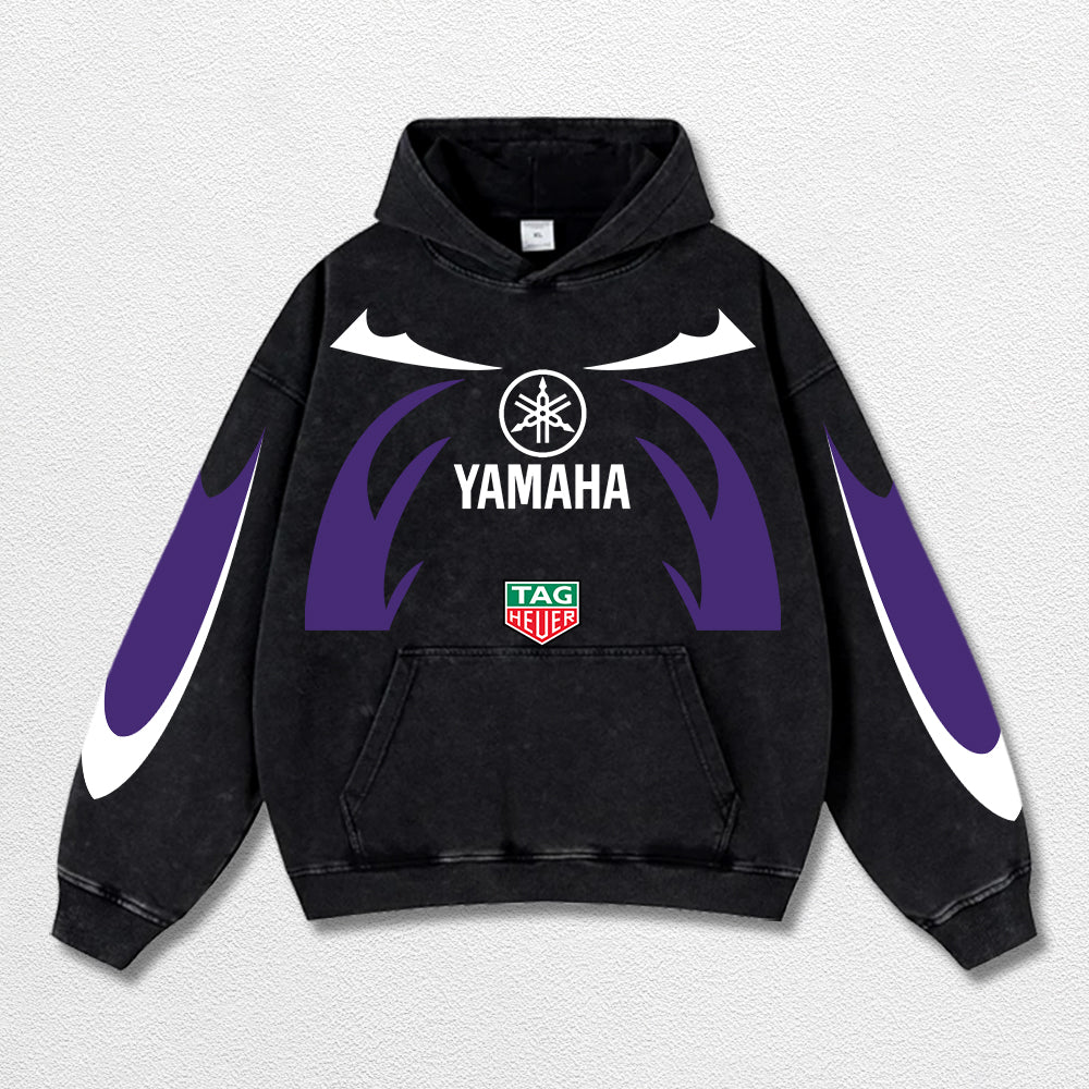 Retro Thunder Tagheuer Yamaha Racing Washed Hoodie MotoGP World Champion Enthusiast Apparel Streetwear Racing Team Super Motorsports Clothing Riders Motocross Off-Road Dirt Bike Fan Gear Cotton For Moto Fan