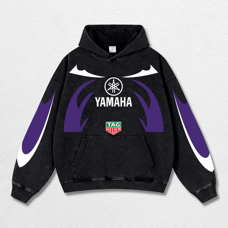 Retro Thunder Tagheuer Yamaha Racing Washed Hoodie MotoGP World Champion Enthusiast Apparel Streetwear Racing Team Super Motorsports Clothing Riders Motocross Off-Road Dirt Bike Fan Gear Cotton For Moto Fan